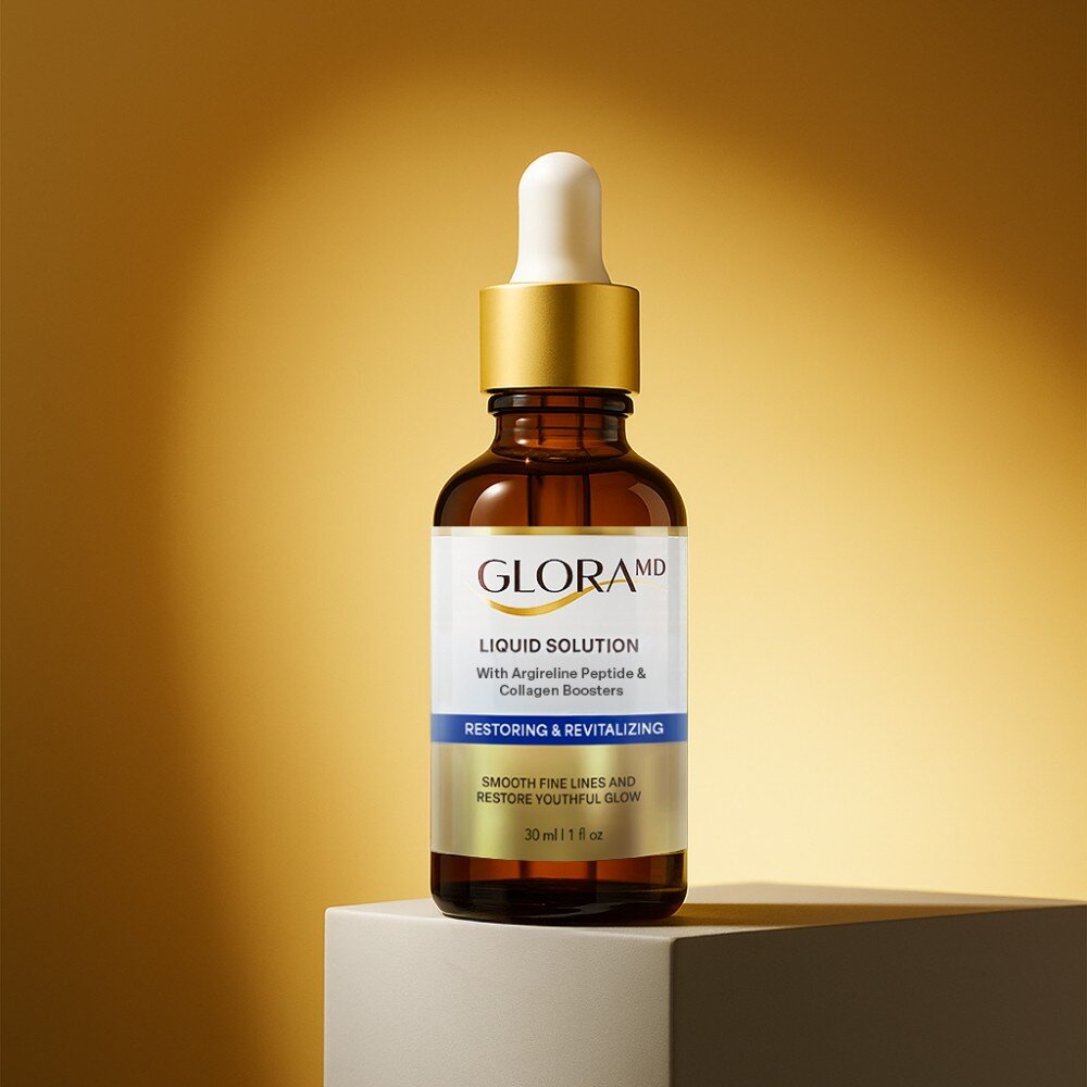 GloraMD Liquid Solution serum bottle on a gold studio background