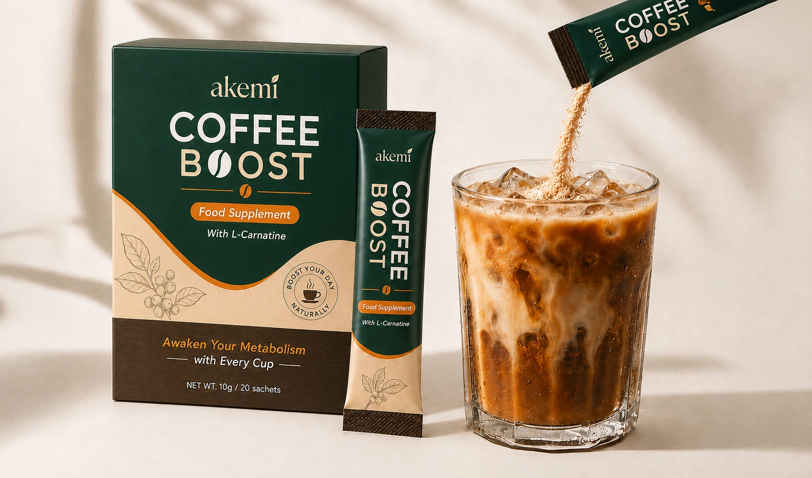 Akemi Coffee Boost box and sachets beside iced coffee