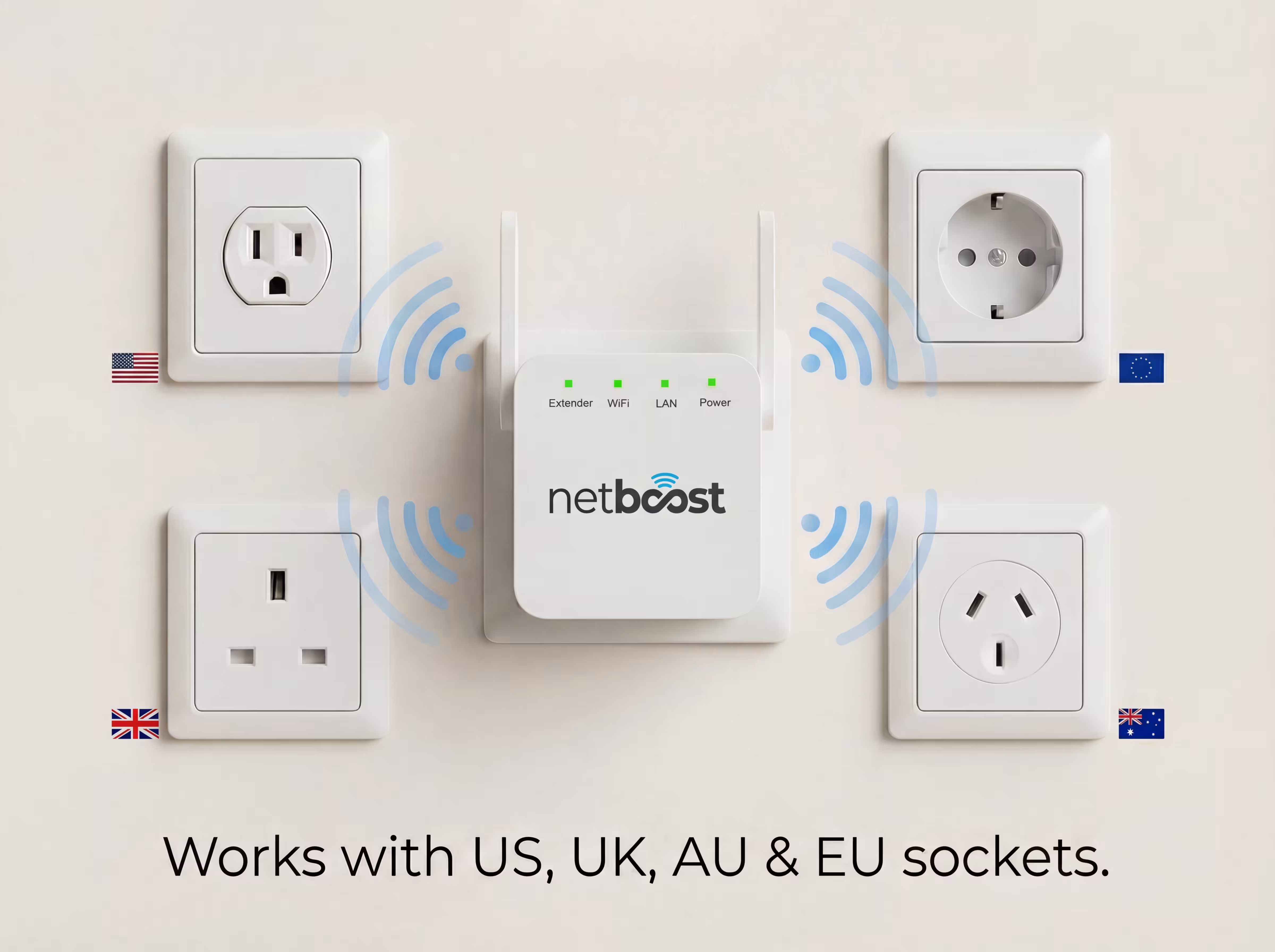 Seller illustration of NetBoost and regional wall socket options