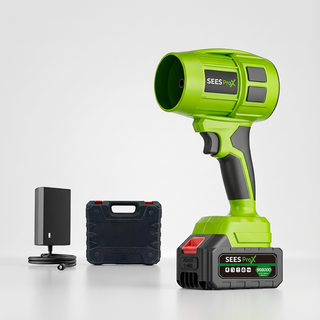 Seller's product image showing the green SEES ProX blower, battery, charging accessory and case