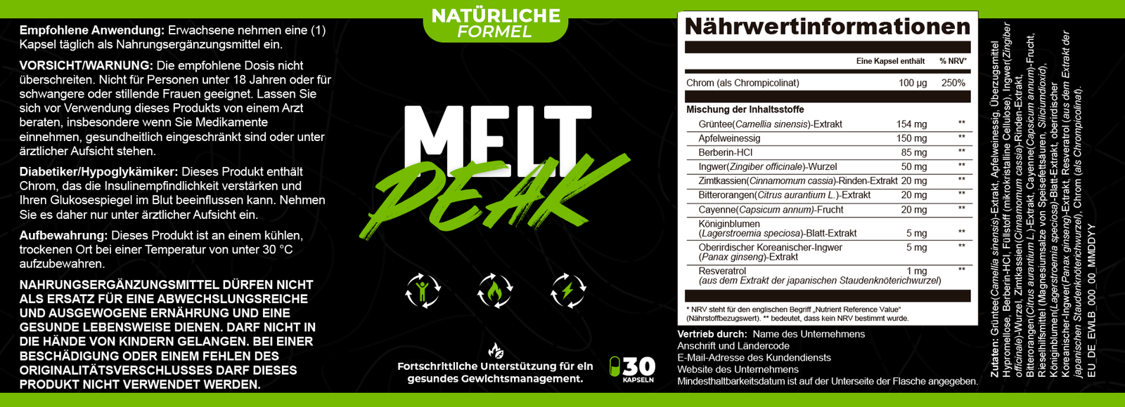 Vom Anbieter veröffentlichte MeltPeak-Etikettgrafik; Zusammensetzung weicht vom Seitentext ab